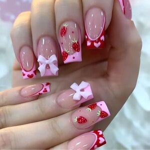 Strawberry Nail Art with Pink Bows